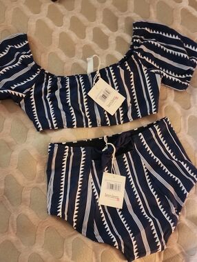 Lemlem Navy and White Striped Off-Shoulder Crop Top Bikini XS